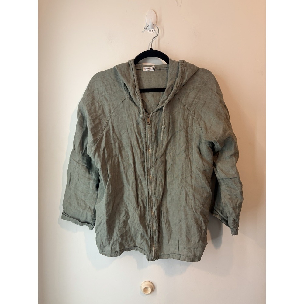 Nina Kendosa 100% Linen Hooded Jacket‎ Medium Green Lightweight 3/4 Sleeve
